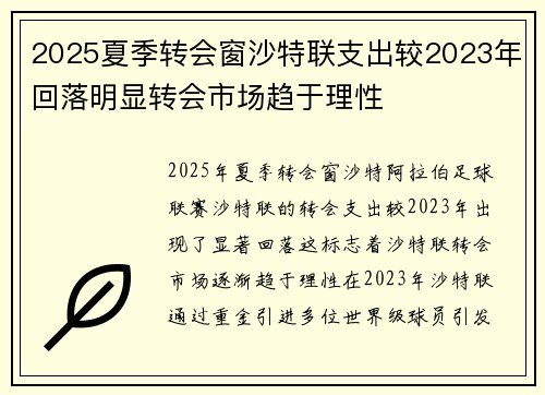 2025夏季转会窗沙特联支出较2023年回落明显转会市场趋于理性